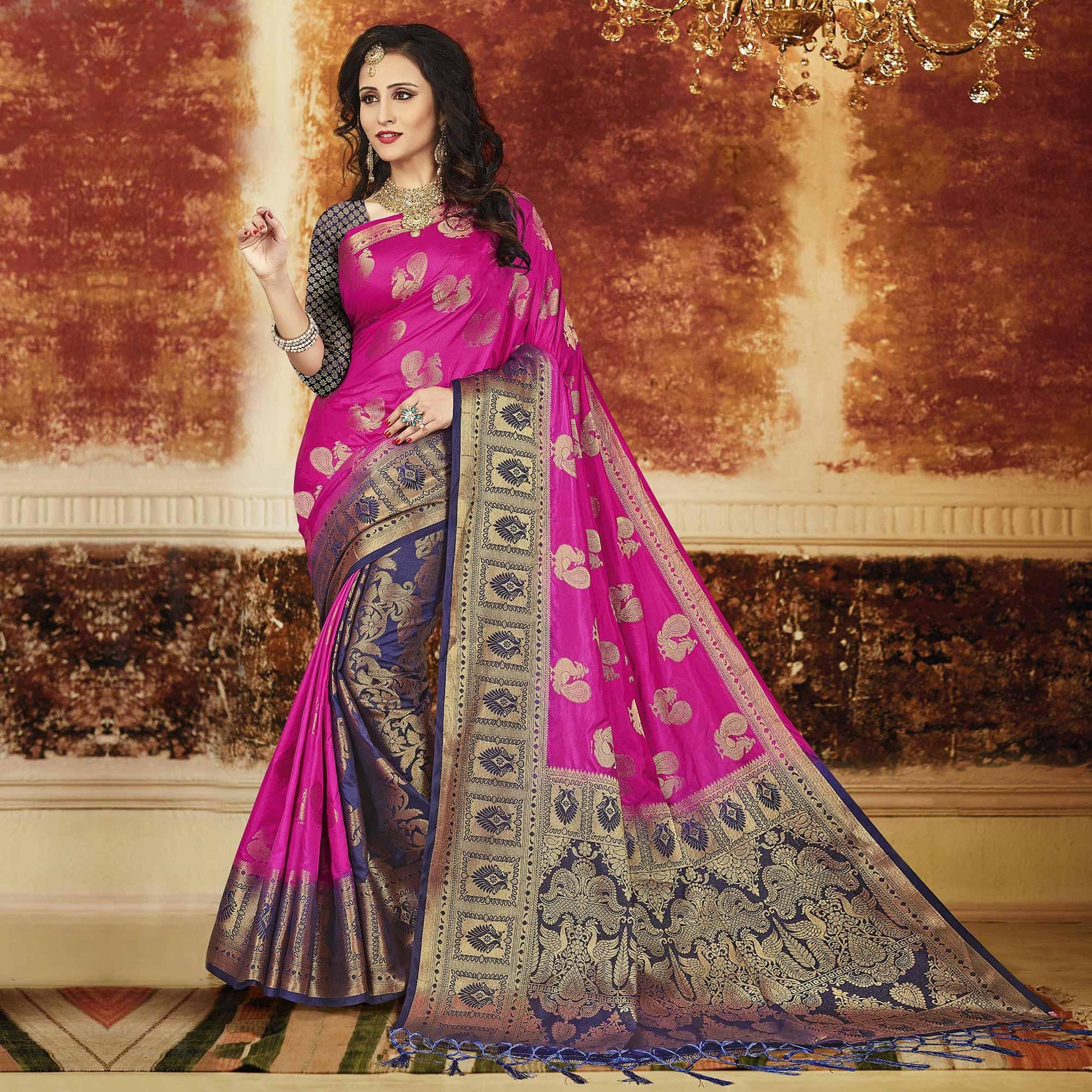 Exceptional Rani Pink-Navy Blue Colored Festive Wear Weaving Art Silk Saree