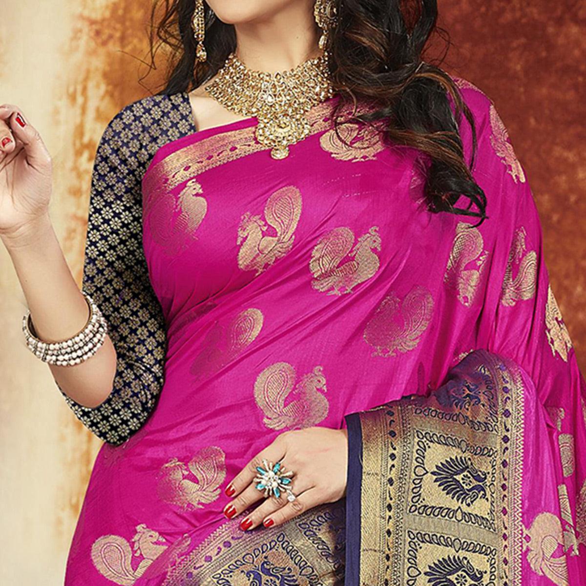 Exceptional Rani Pink-Navy Blue Colored Festive Wear Weaving Art Silk Saree