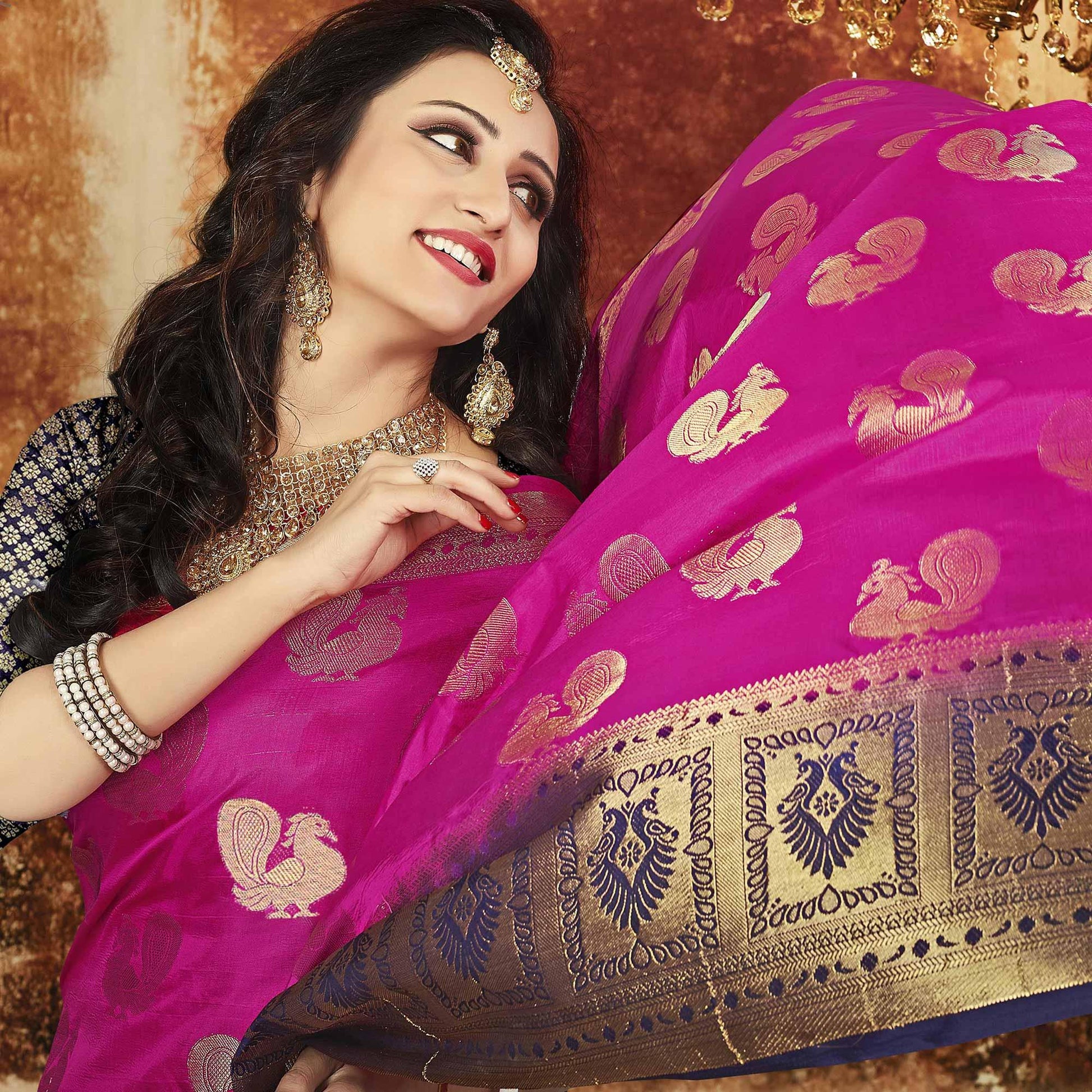 Exceptional Rani Pink-Navy Blue Colored Festive Wear Weaving Art Silk Saree