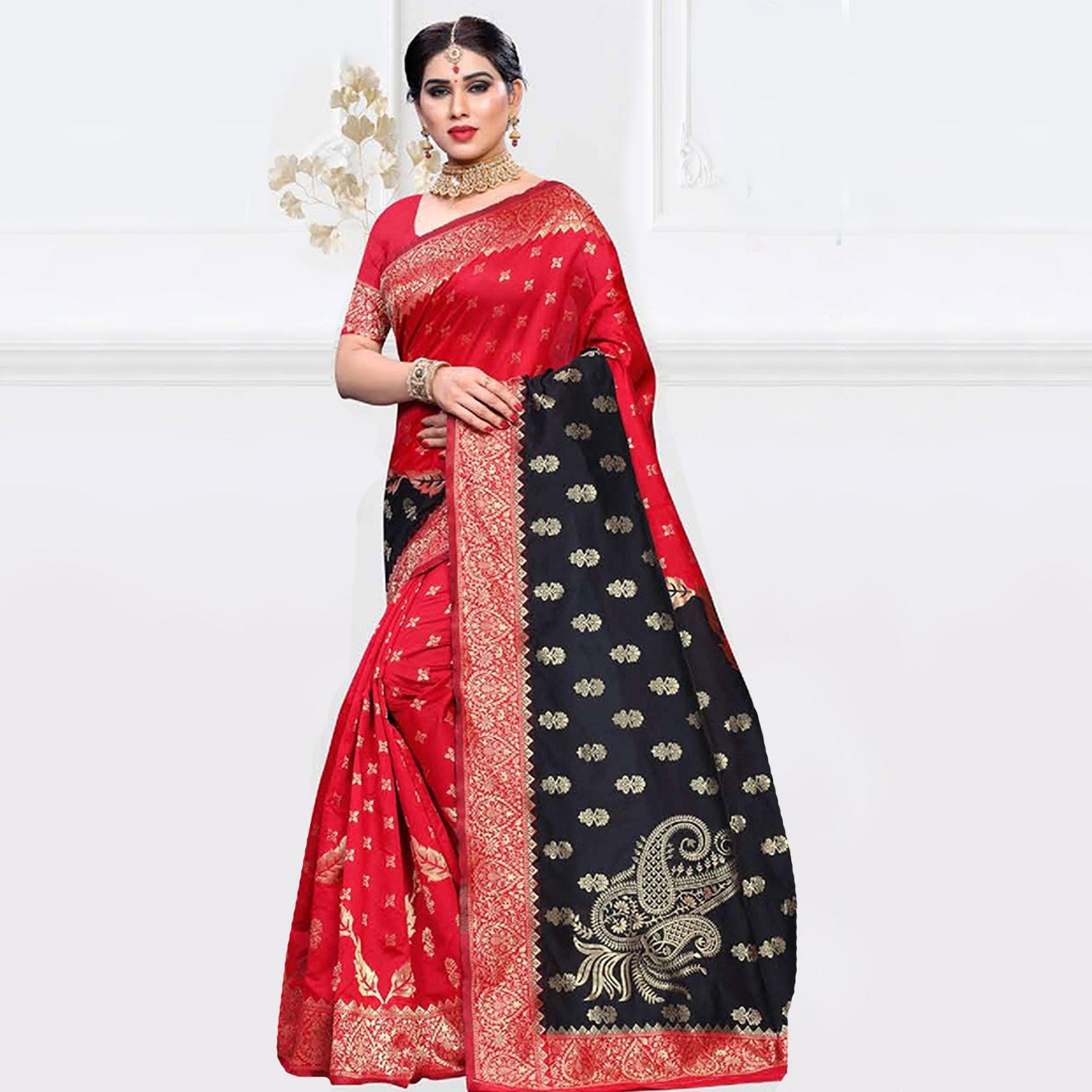 Exceptional Red - Black Colored Festive Wear Woven Art Silk Saree