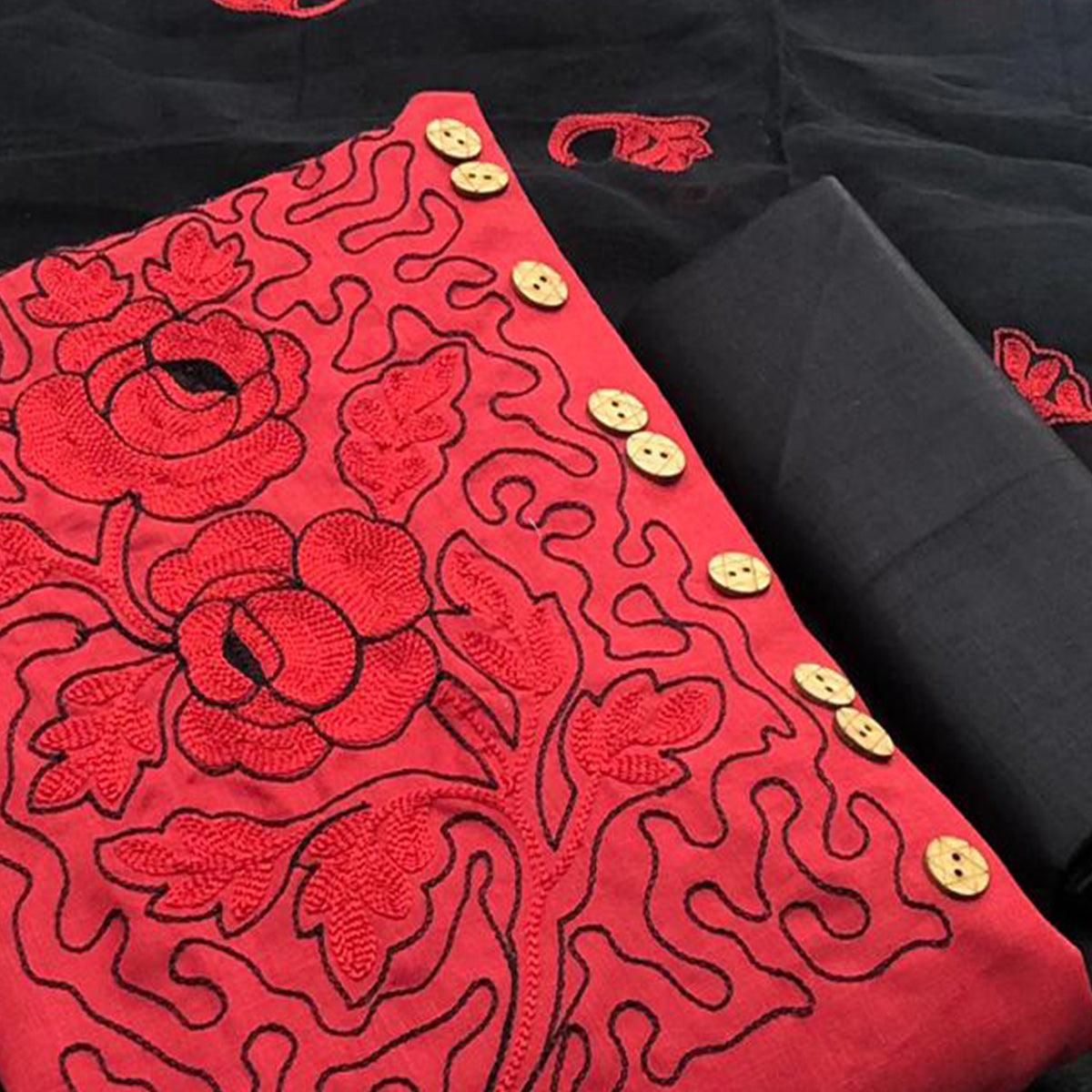 Exceptional Red Colored Casual Wear Embroidered Cotton Dress Material