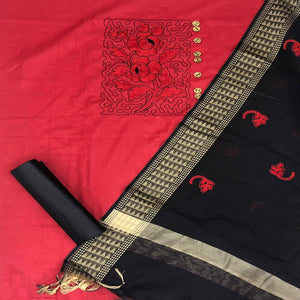 Exceptional Red Colored Casual Wear Embroidered Cotton Dress Material