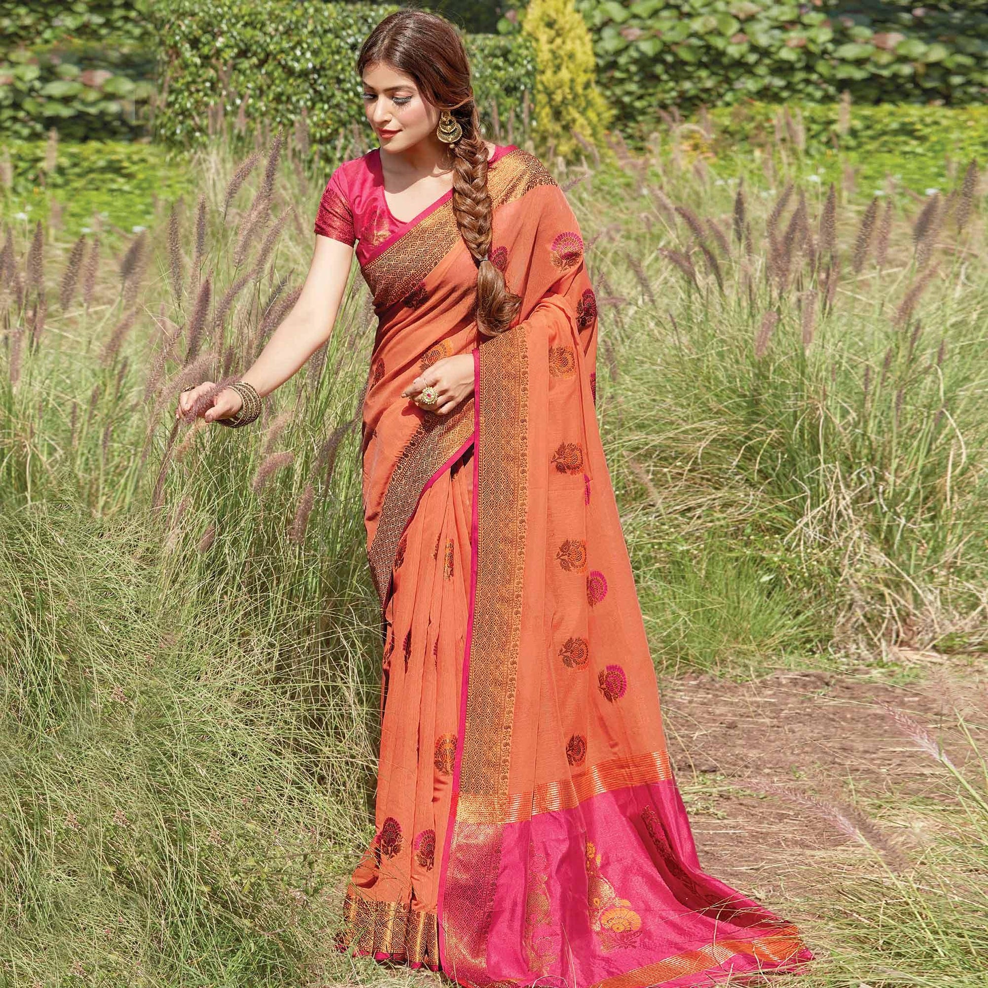 Exceptional Rust Colored Festive Wear Woven Cotton Handloom Saree