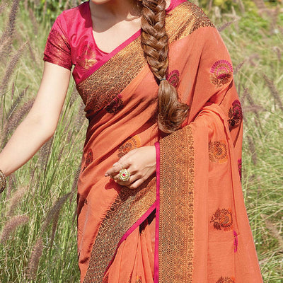 Exceptional Rust Colored Festive Wear Woven Cotton Handloom Saree