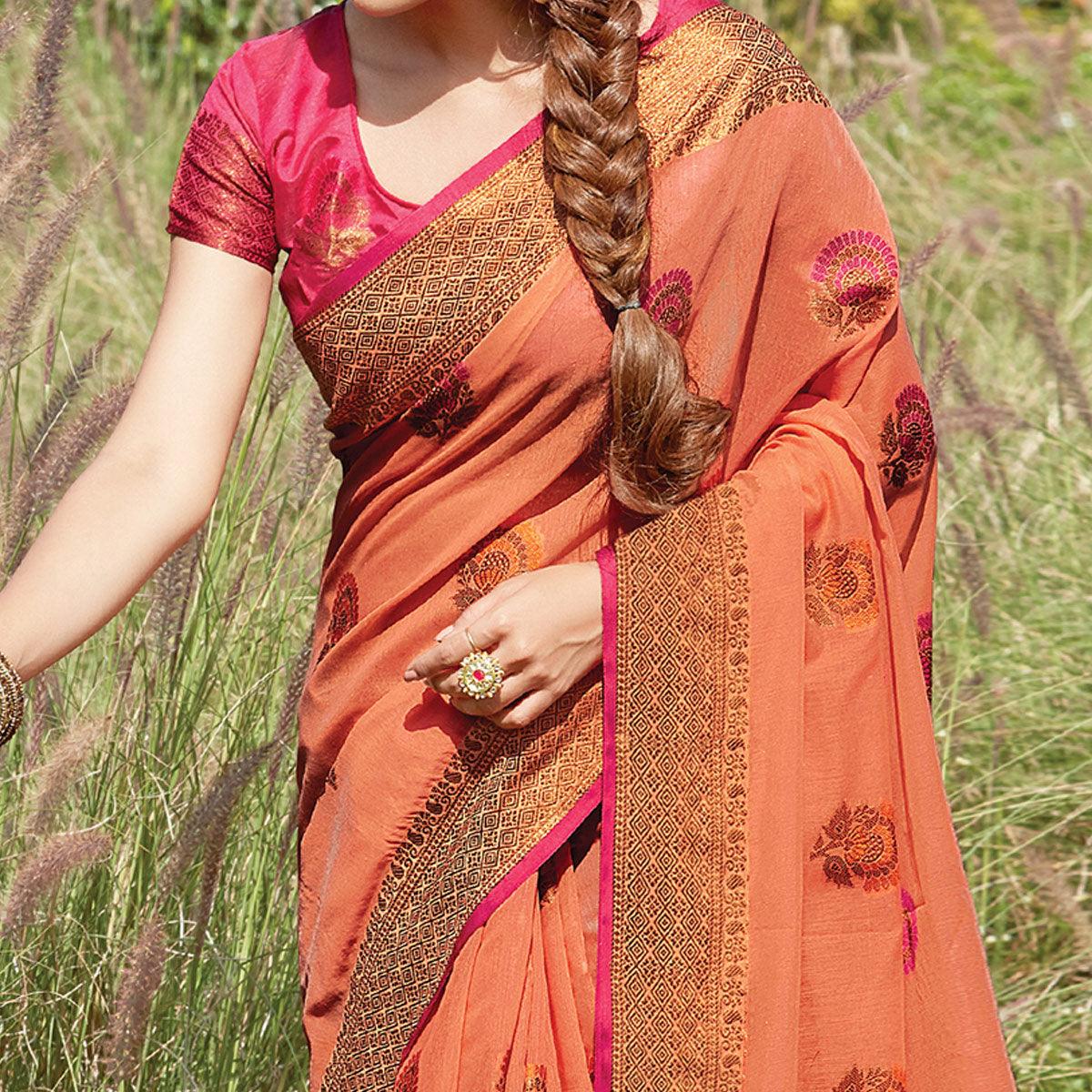 Exceptional Rust Colored Festive Wear Woven Cotton Handloom Saree