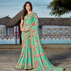 Exceptional Sea Blue Coloured Partywear Printed Brasso Saree