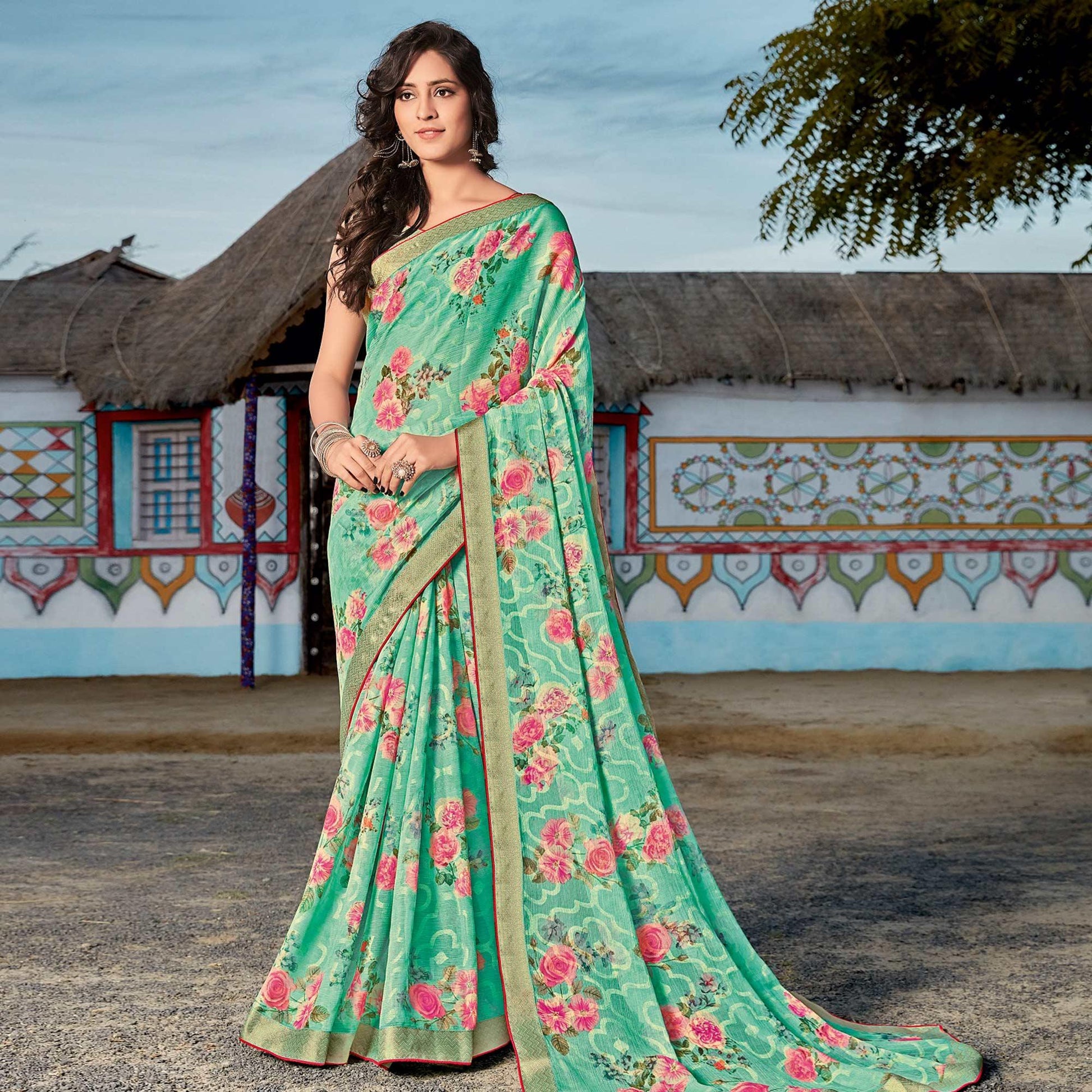 Exceptional Sea Blue Coloured Partywear Printed Brasso Saree