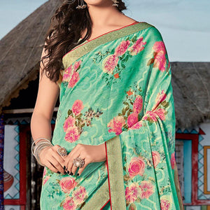 Exceptional Sea Blue Coloured Partywear Printed Brasso Saree