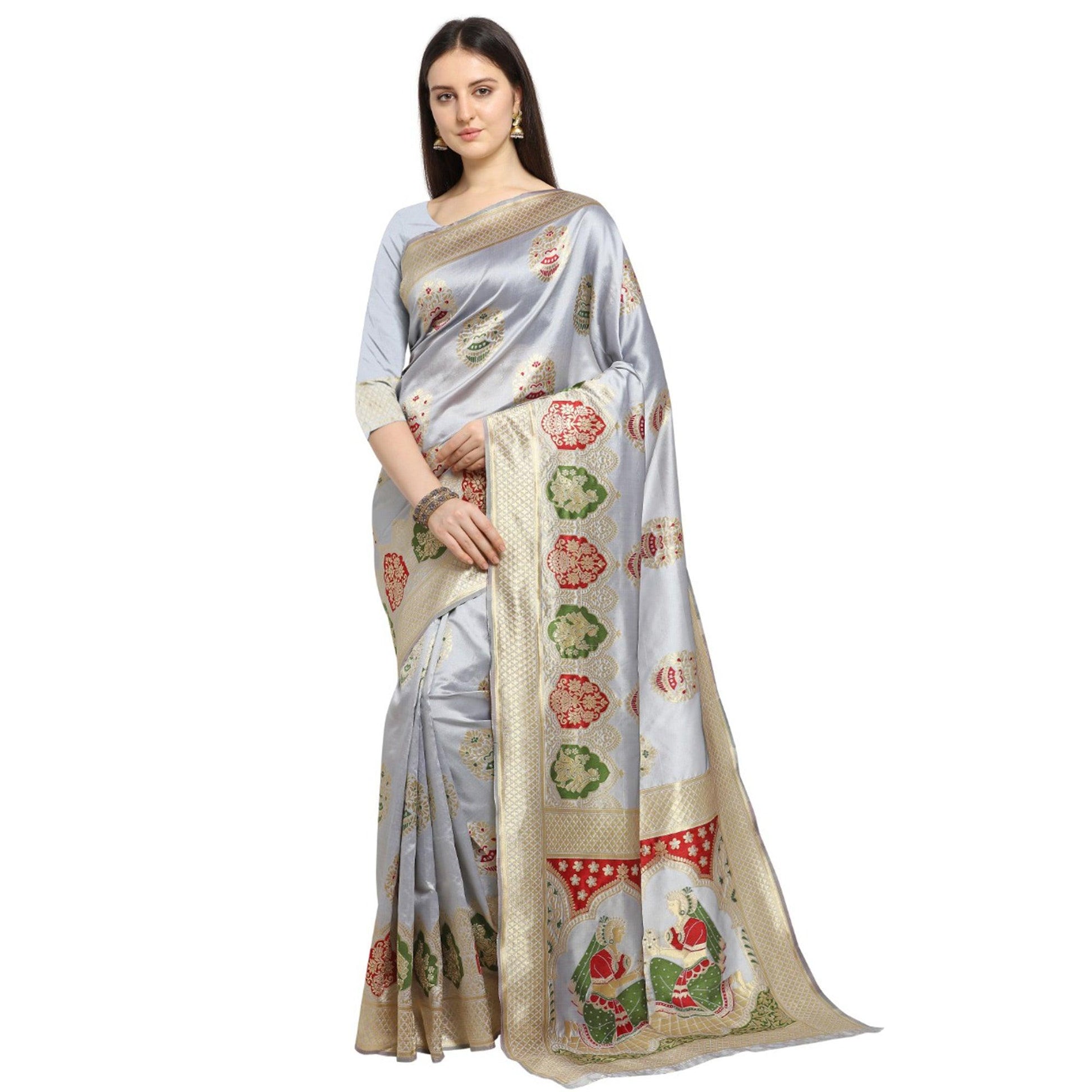 Exceptional Silver Colored Festive Wear Woven Banarasi Silk Saree