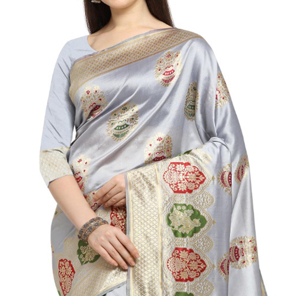 Exceptional Silver Colored Festive Wear Woven Banarasi Silk Saree