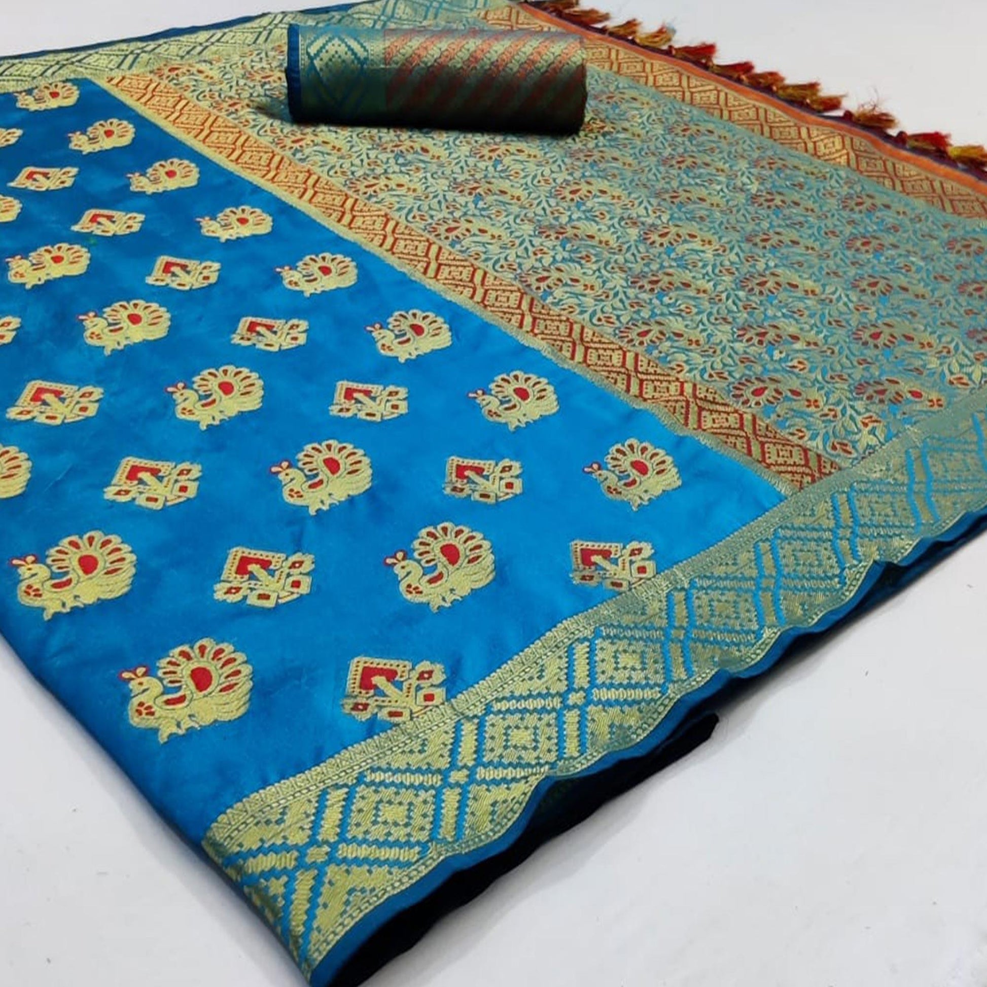 Exceptional Turquoise Blue Colored Festive Wear Woven Cotton Saree