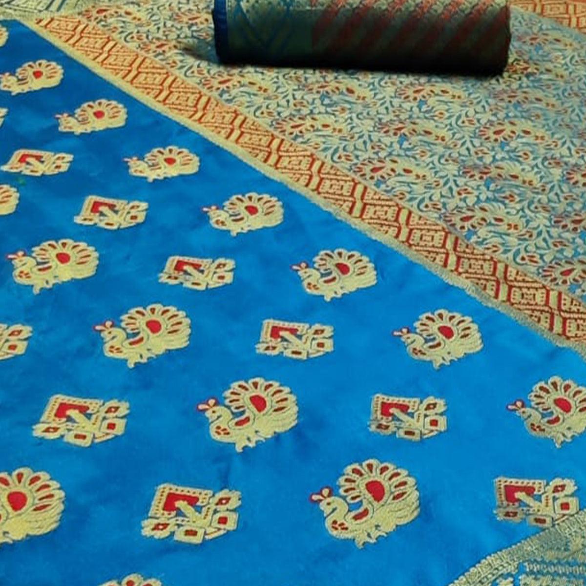 Exceptional Turquoise Blue Colored Festive Wear Woven Cotton Saree