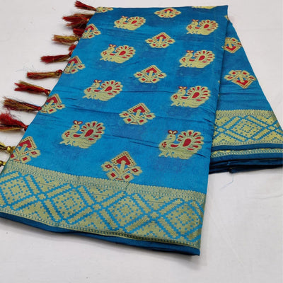 Exceptional Turquoise Blue Colored Festive Wear Woven Cotton Saree