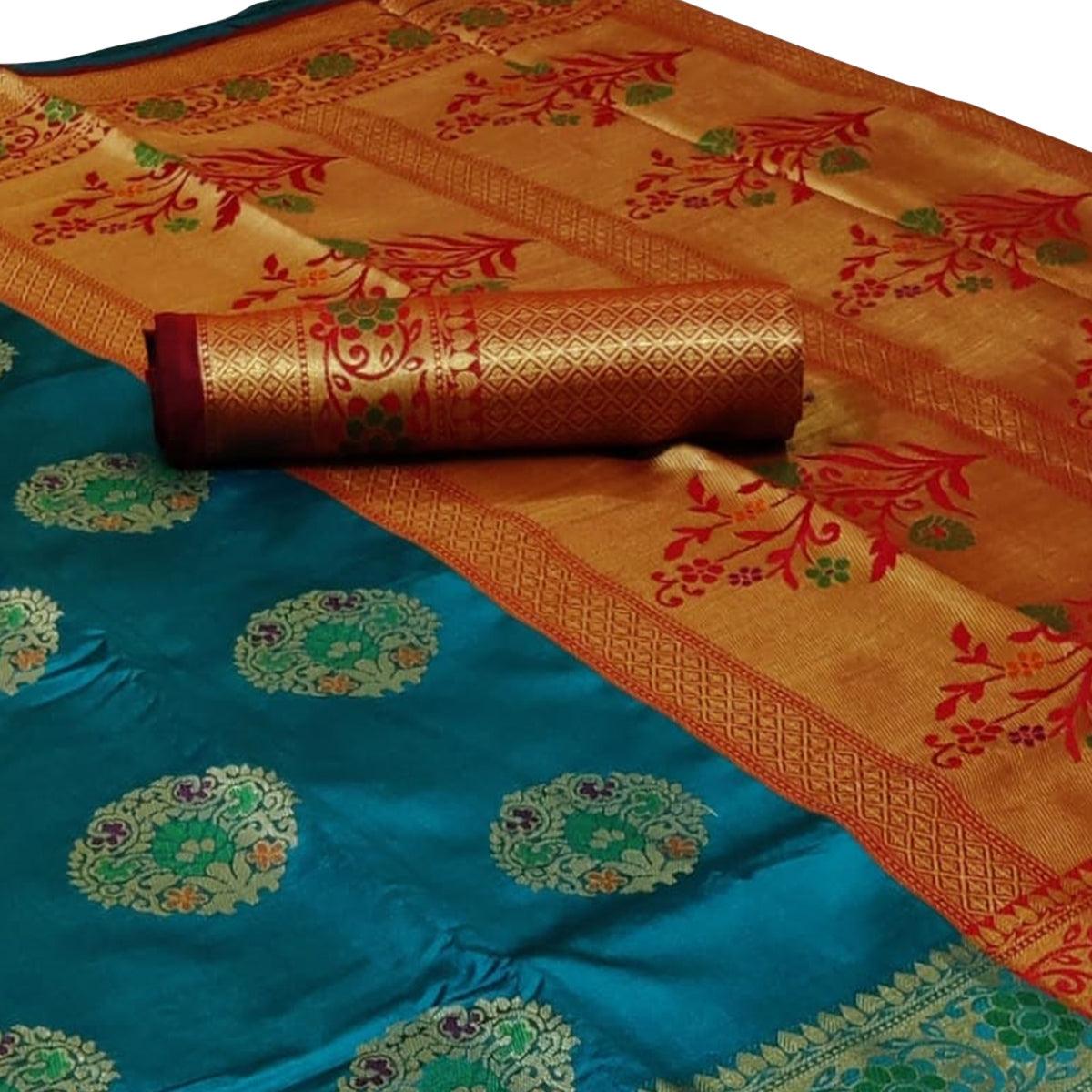 Exceptional Turquoise Blue Colored Festive Wear Woven Silk Saree