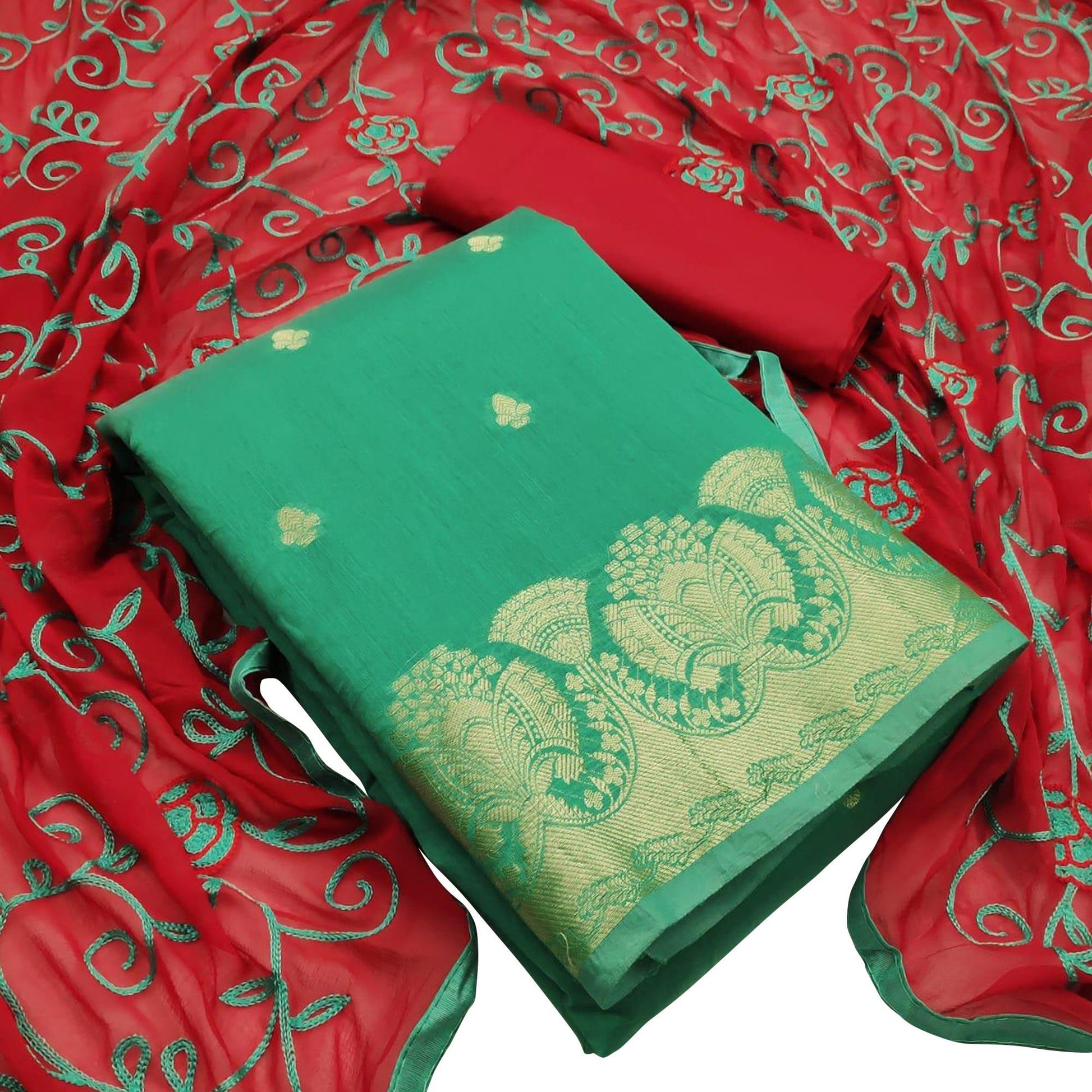 Exceptional Turquoise Green Colored Casual Wear Woven Banarasi Silk Dress Material