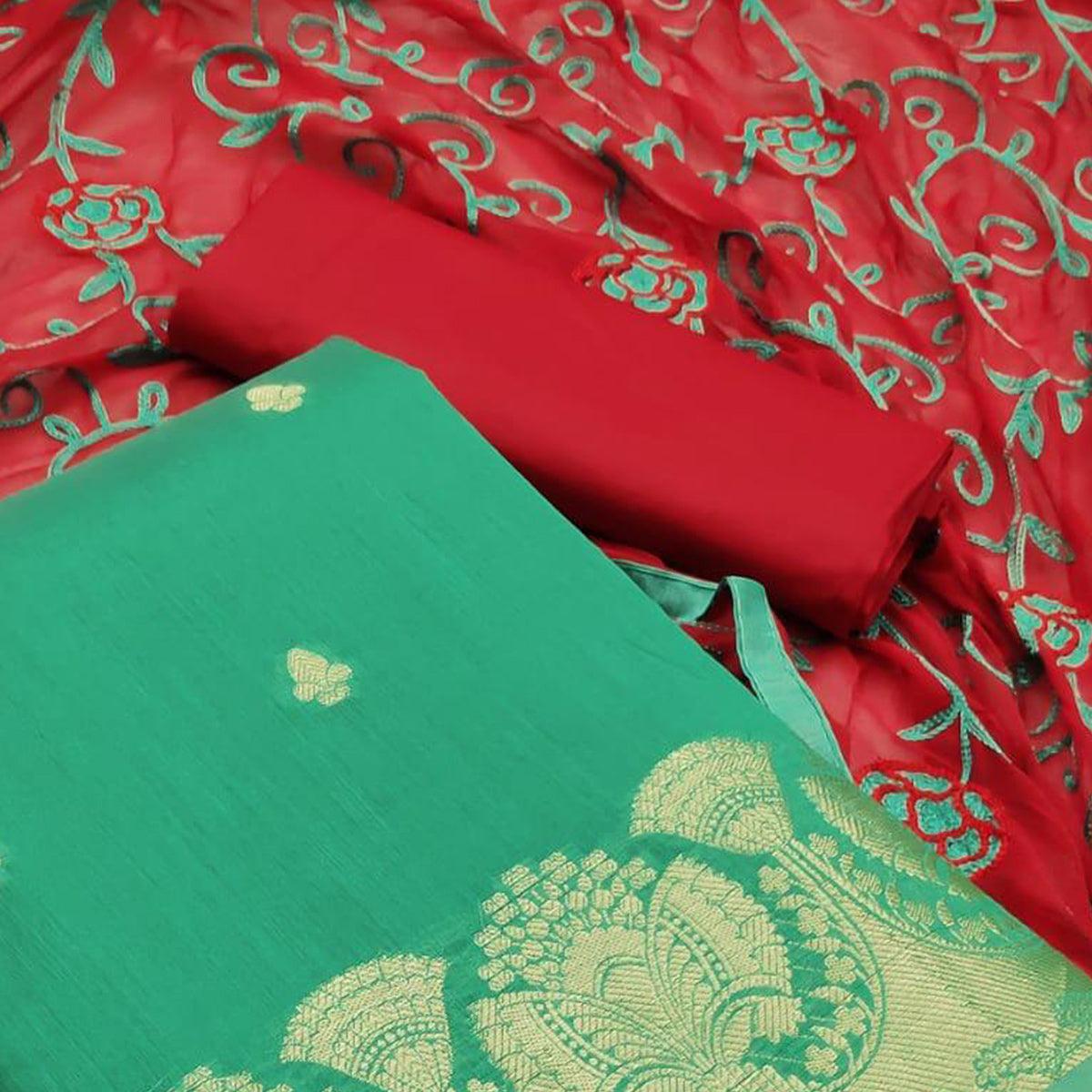 Exceptional Turquoise Green Colored Casual Wear Woven Banarasi Silk Dress Material