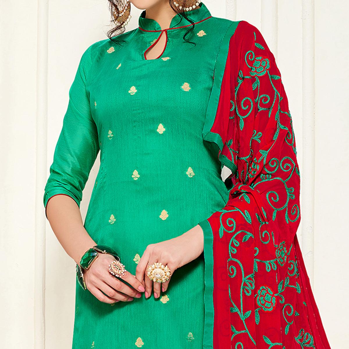 Exceptional Turquoise Green Colored Casual Wear Woven Banarasi Silk Dress Material