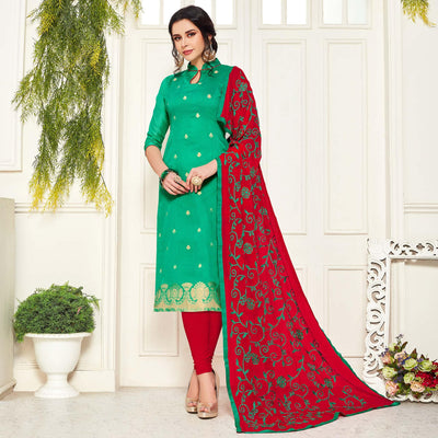 Exceptional Turquoise Green Colored Casual Wear Woven Banarasi Silk Dress Material