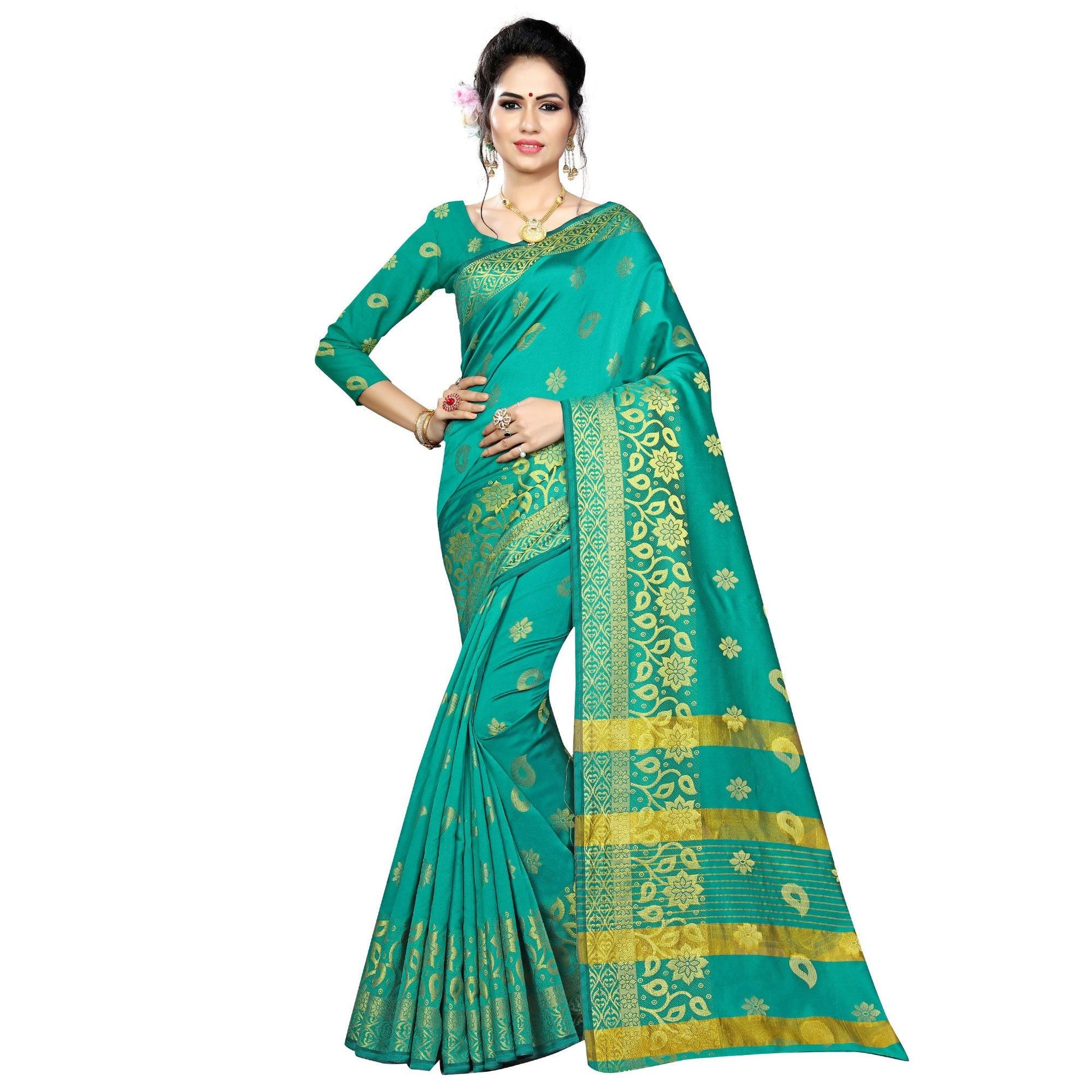 Exceptional Turquoise Green Colored Festive Wear Woven Silk Saree