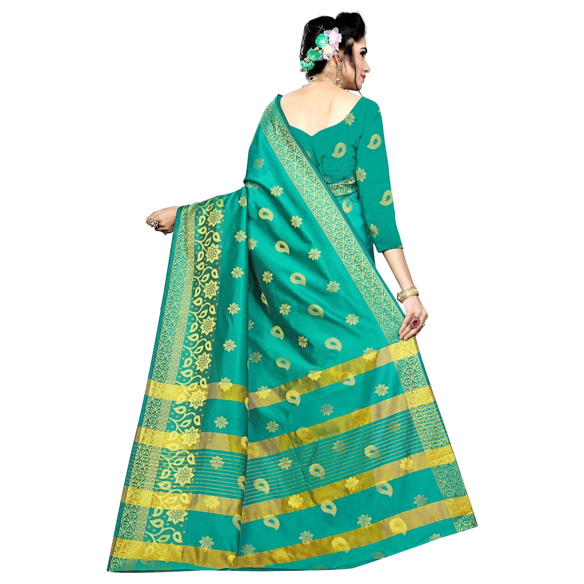 Exceptional Turquoise Green Colored Festive Wear Woven Silk Saree