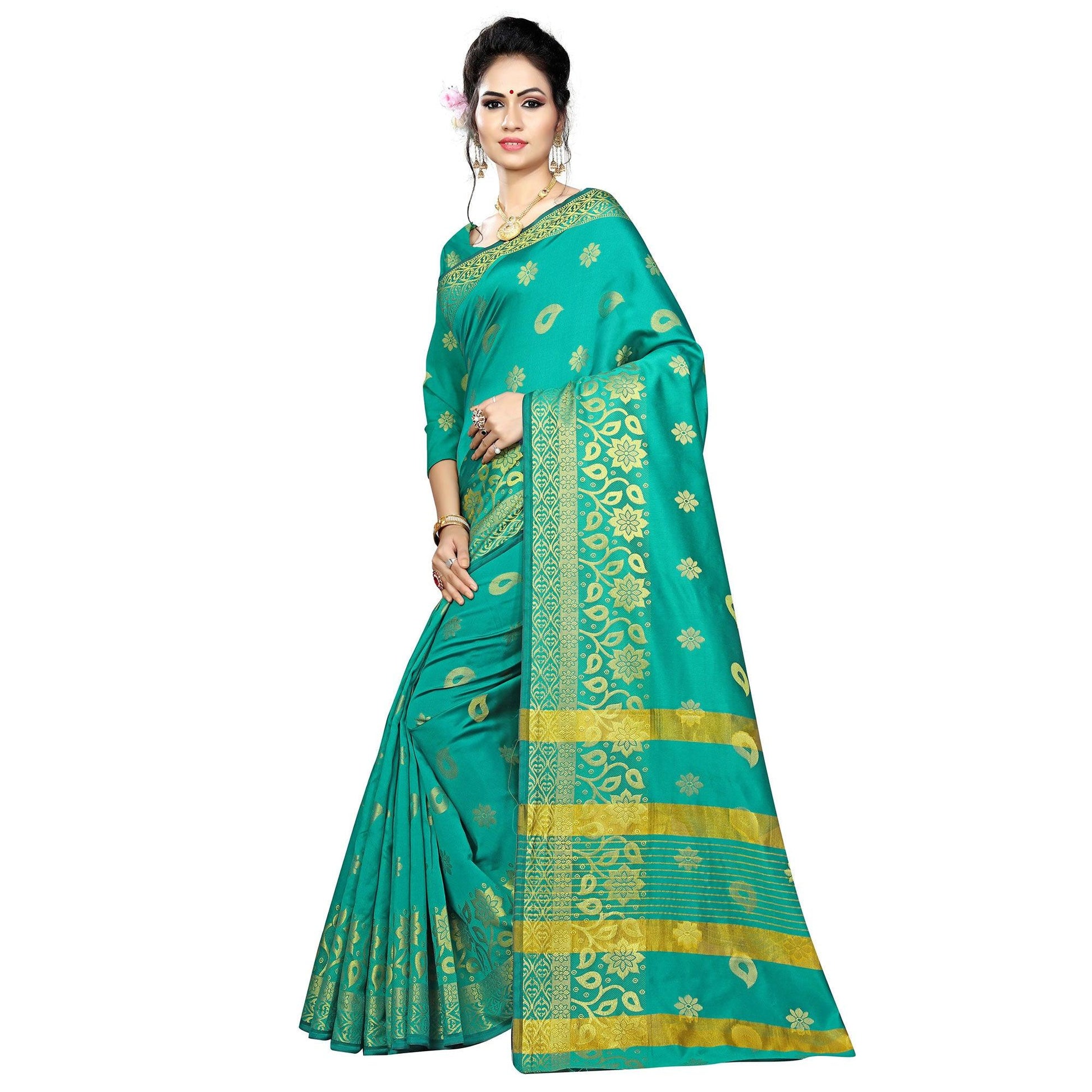Exceptional Turquoise Green Colored Festive Wear Woven Silk Saree