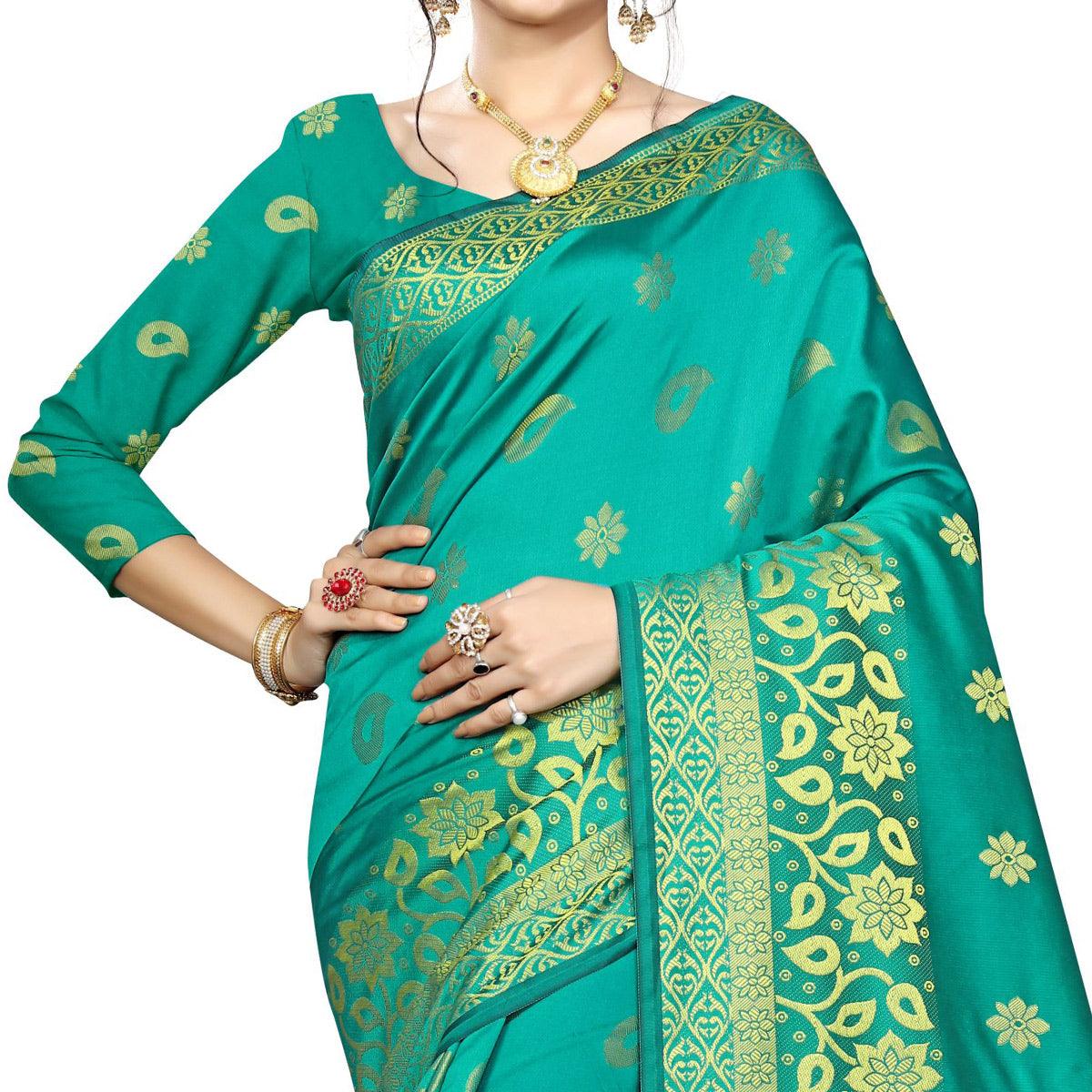 Exceptional Turquoise Green Colored Festive Wear Woven Silk Saree