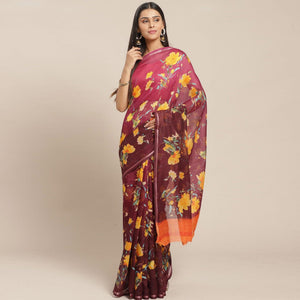 Exceptional Wine Colored Casual Wear Printed Cotton Blend Saree