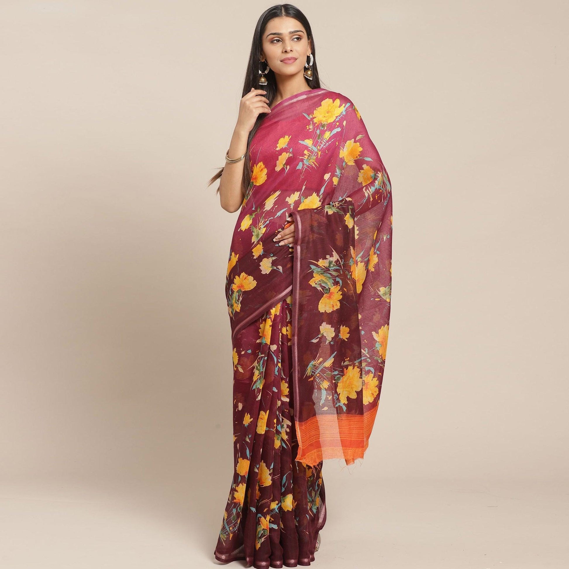 Exceptional Wine Colored Casual Wear Printed Cotton Blend Saree