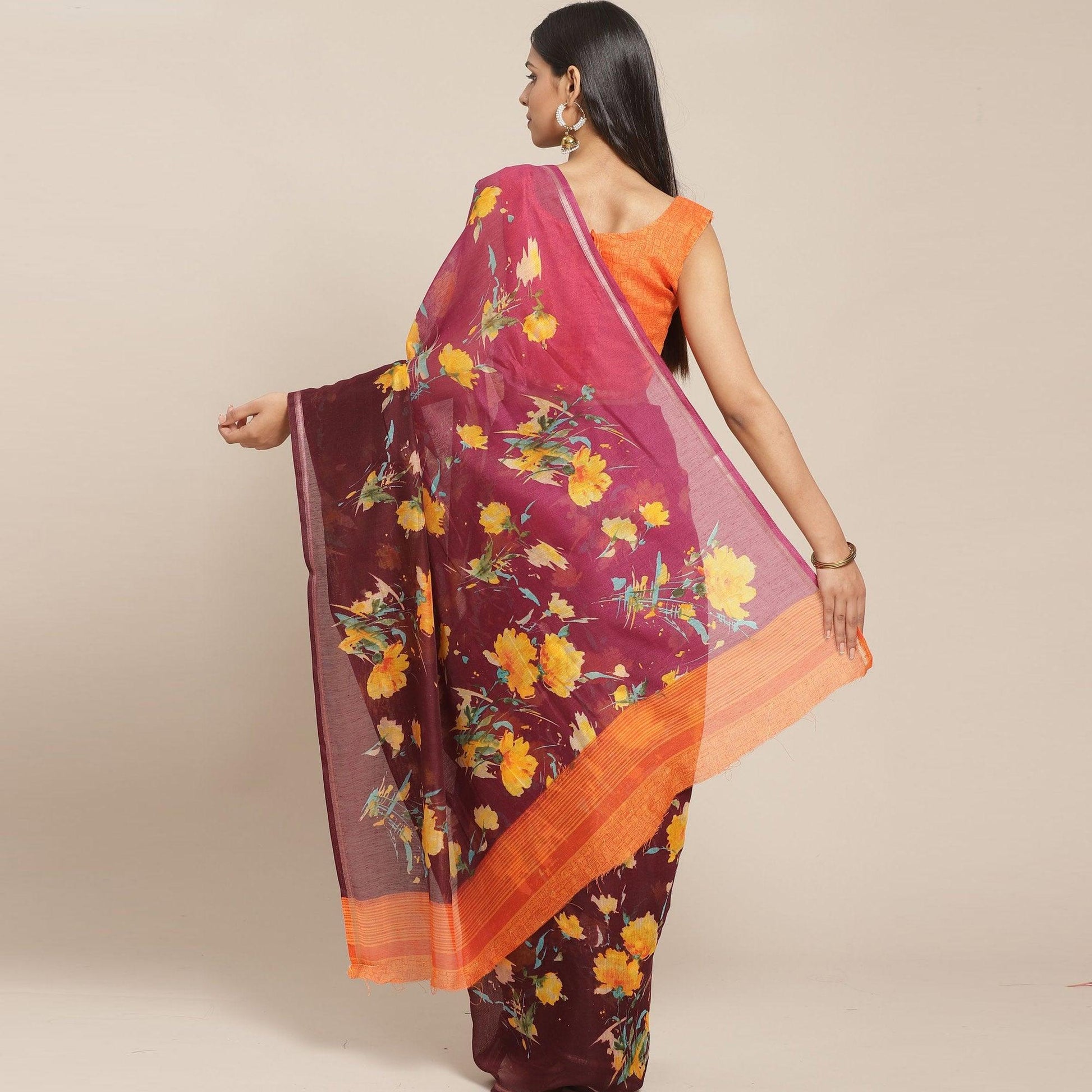 Exceptional Wine Colored Casual Wear Printed Cotton Blend Saree