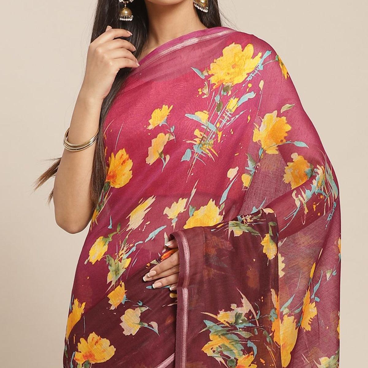 Exceptional Wine Colored Casual Wear Printed Cotton Blend Saree