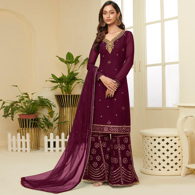 Exceptional Wine Coloured Partywear Gota Work Georgette Palazzo Suit