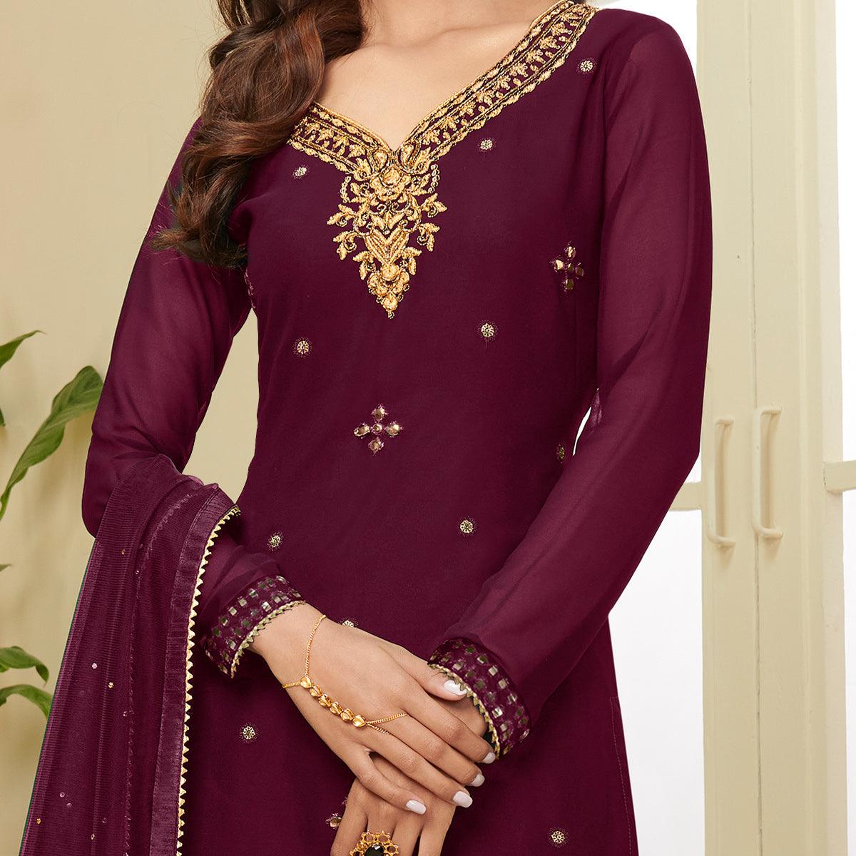 Exceptional Wine Coloured Partywear Gota Work Georgette Palazzo Suit