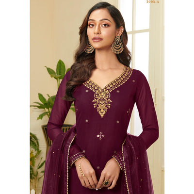 Exceptional Wine Coloured Partywear Gota Work Georgette Palazzo Suit