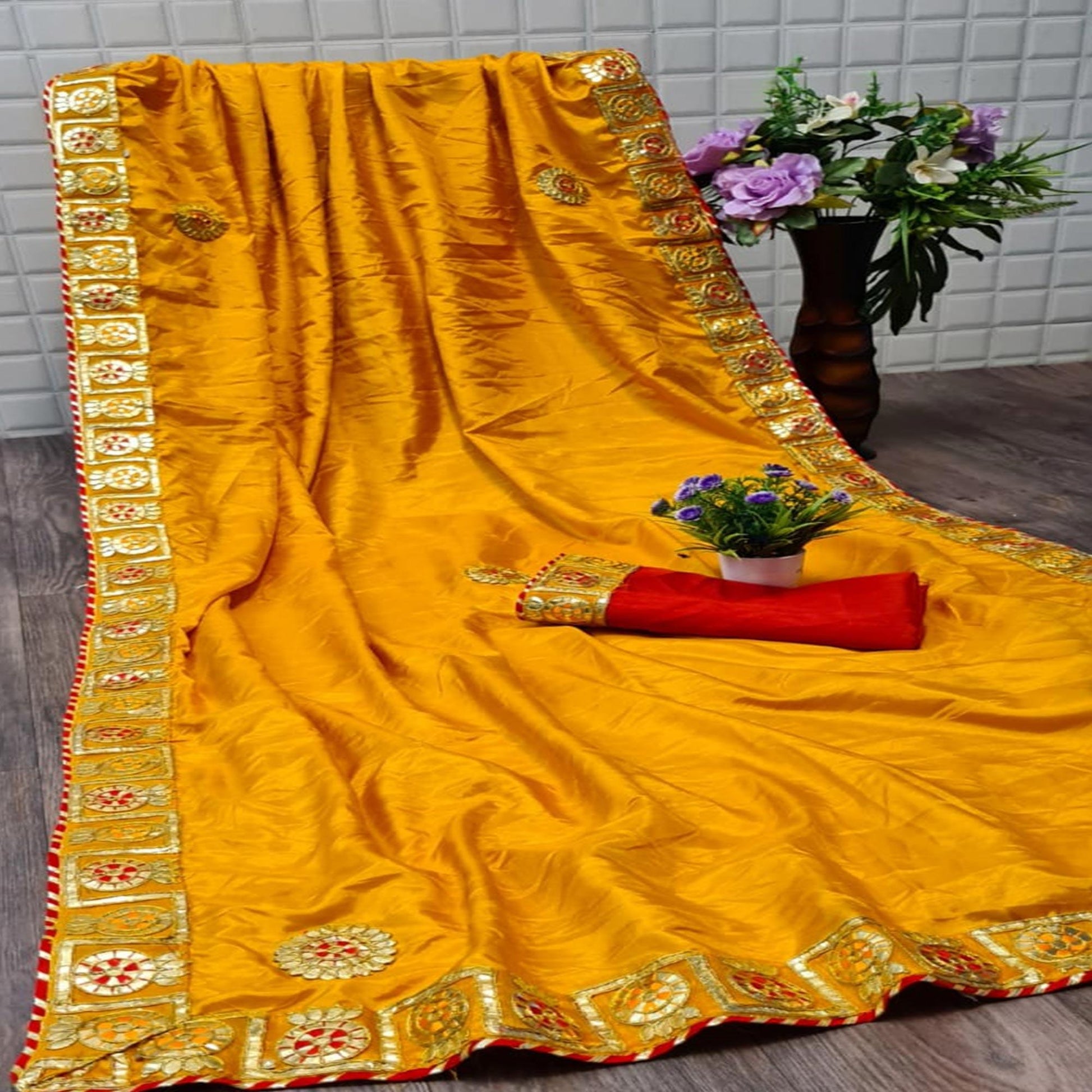 Exceptional Yellow Colored Festive Wear Woven Moss Georgette Saree
