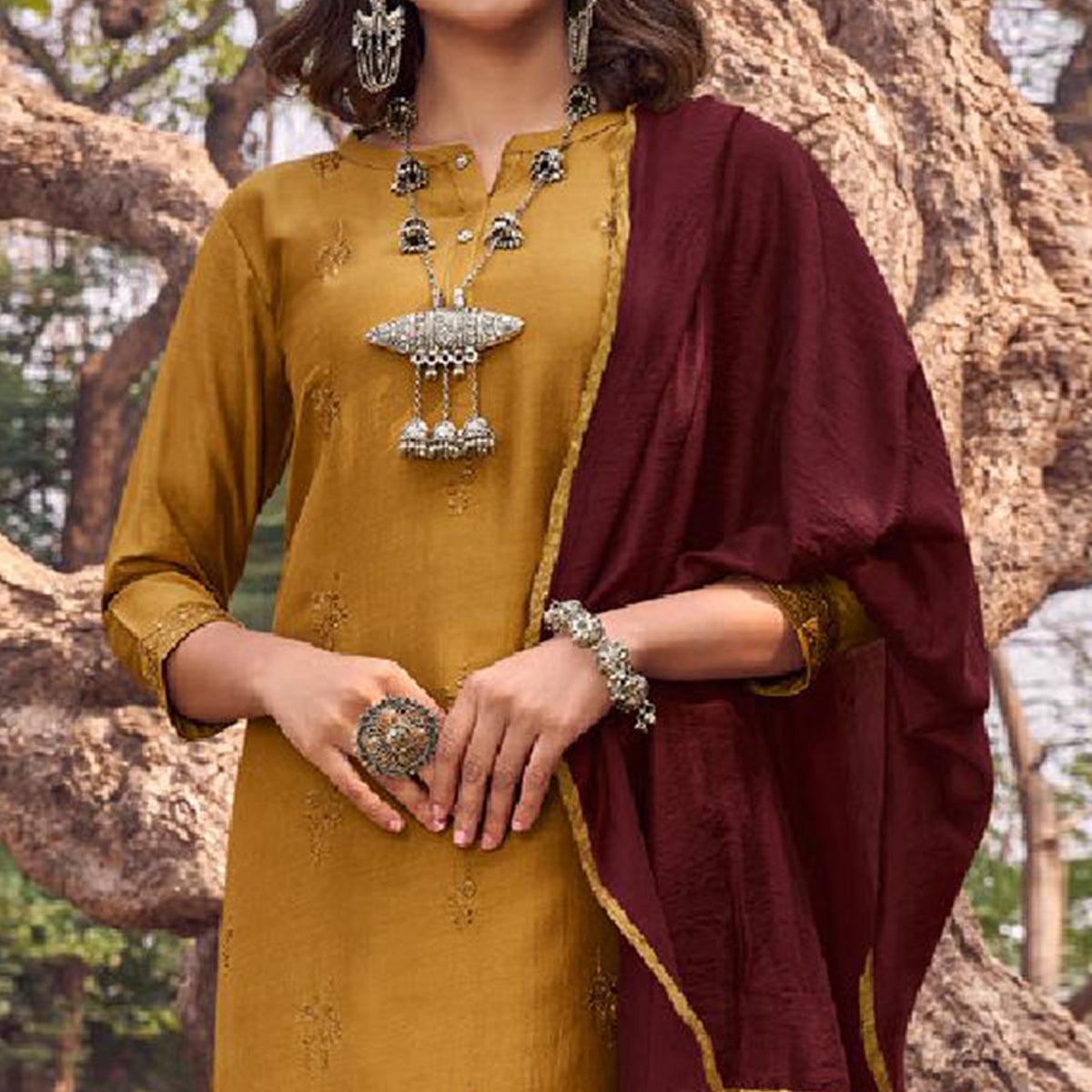 Exceptional Yellow Colored Partywear Embroidered Cotton Silk Straight Suit