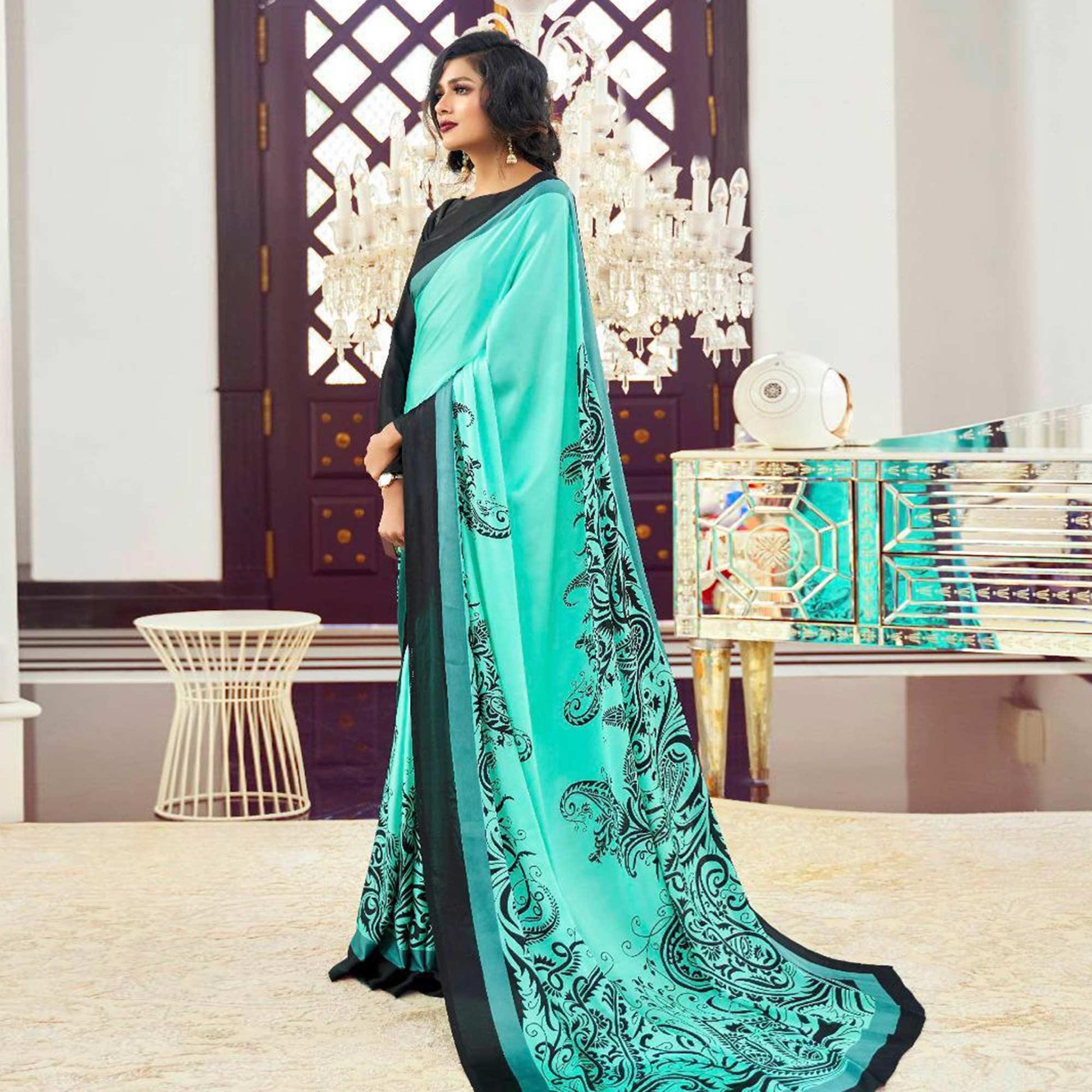 Exclusive Aqua Green Colored Partywear Fancy Printed Japan Satin-Crepe Saree