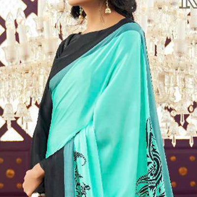 Exclusive Aqua Green Colored Partywear Fancy Printed Japan Satin-Crepe Saree