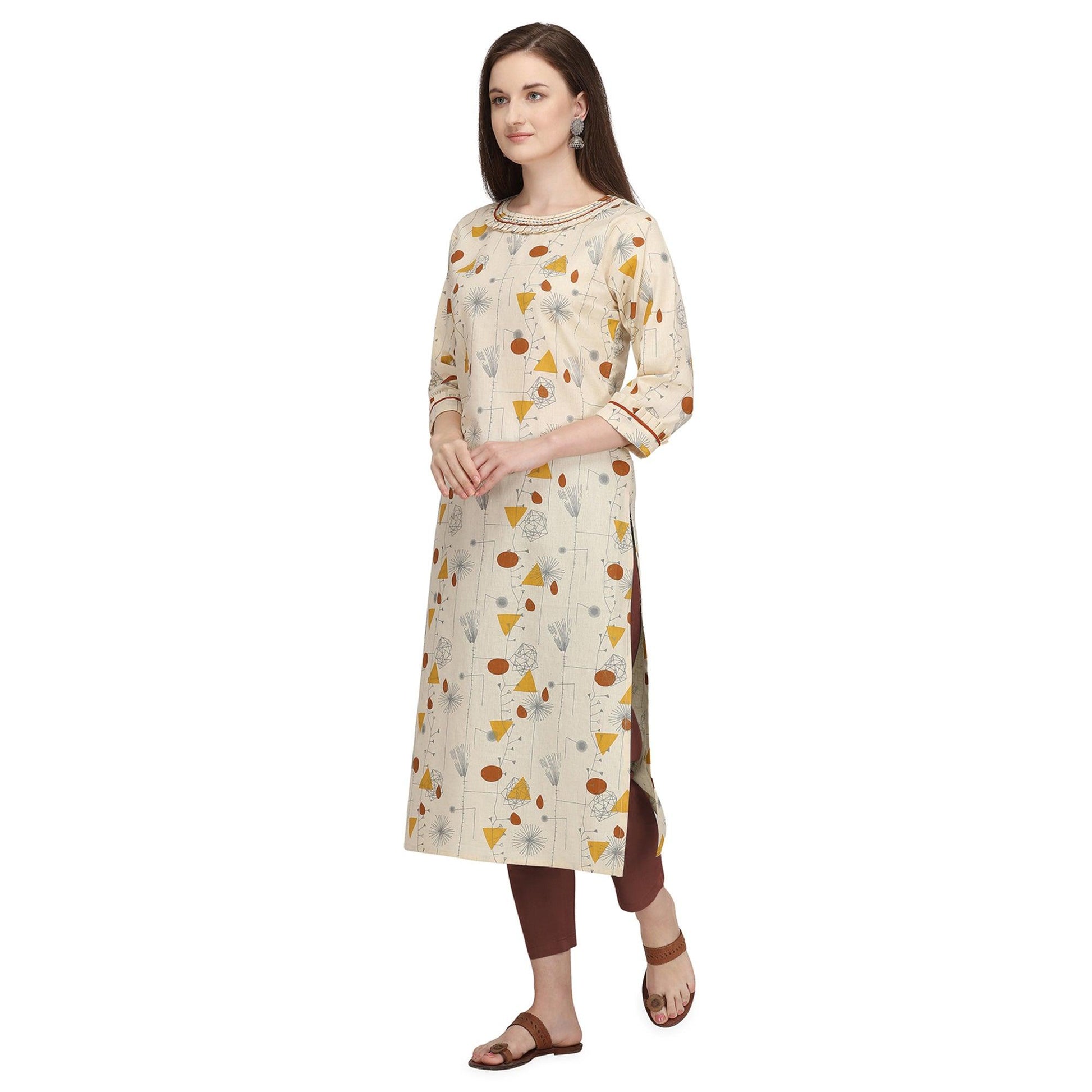 Exclusive Beige - Brown Colored Casual Wear Printed Cotton Kurti