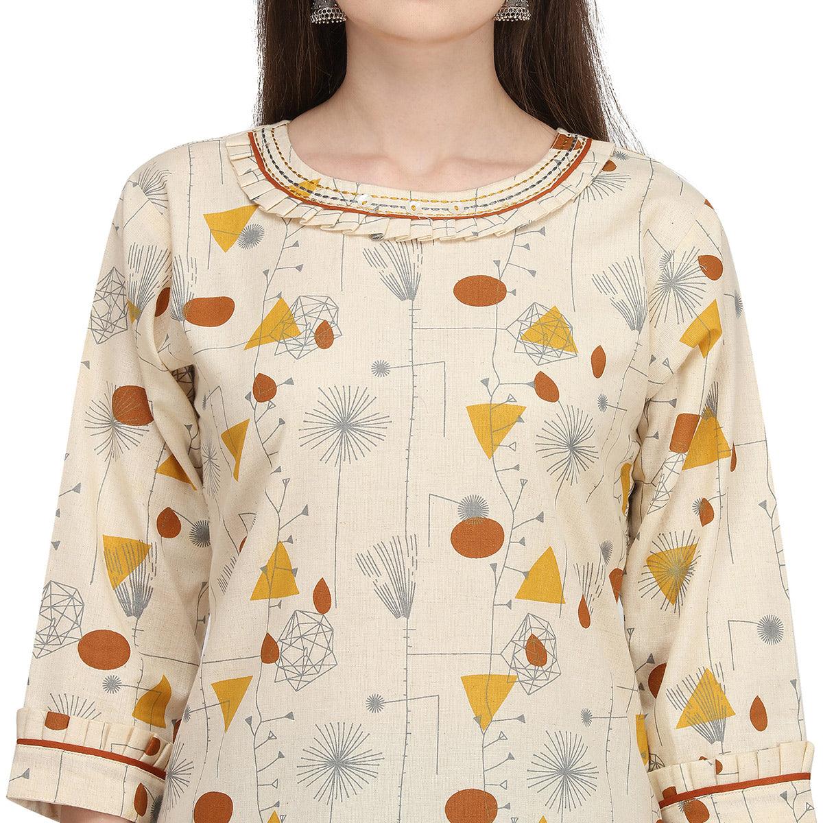 Exclusive Beige - Brown Colored Casual Wear Printed Cotton Kurti