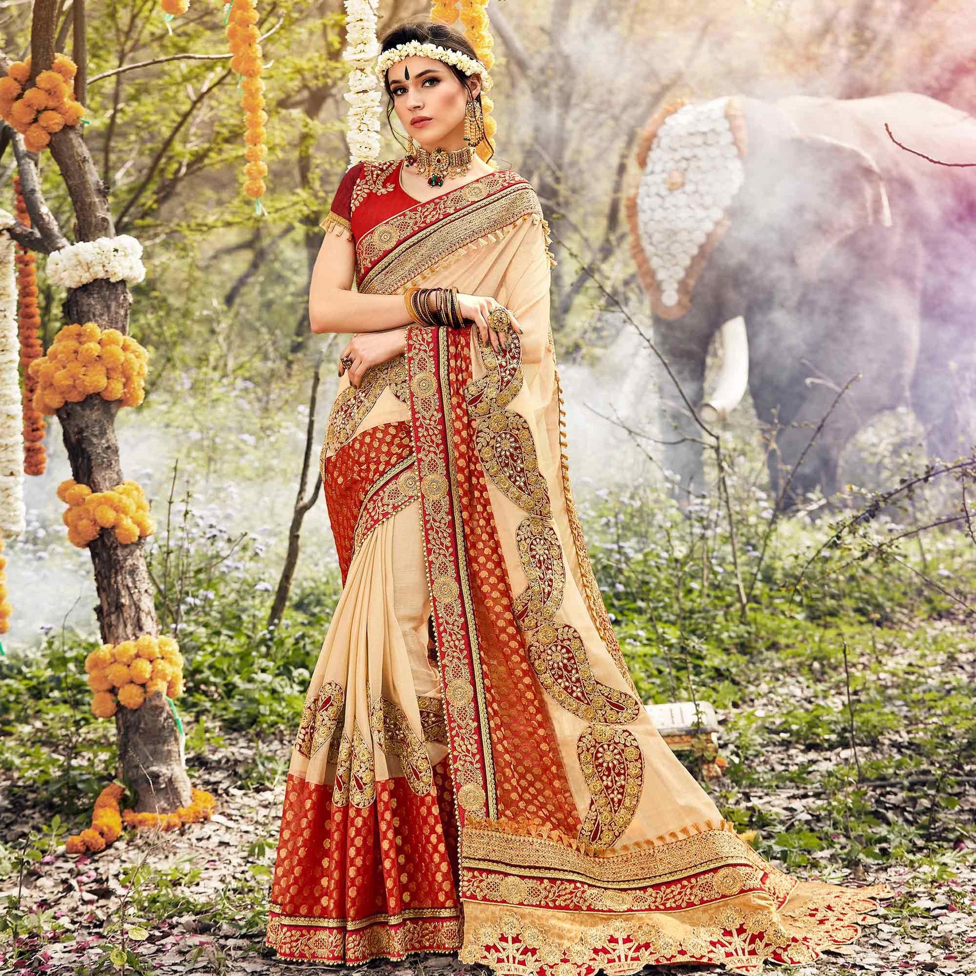 Exclusive Beige Colored Party Wear Embroidered Georgette Saree