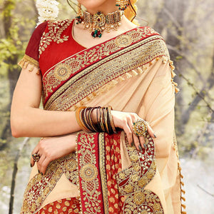 Exclusive Beige Colored Party Wear Embroidered Georgette Saree