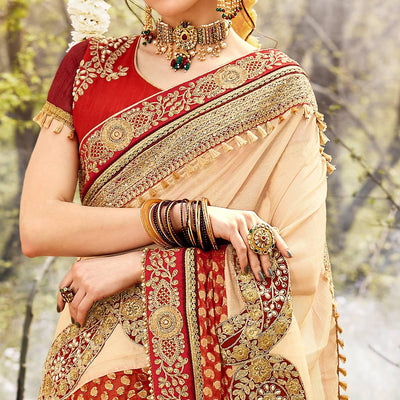 Exclusive Beige Colored Party Wear Embroidered Georgette Saree