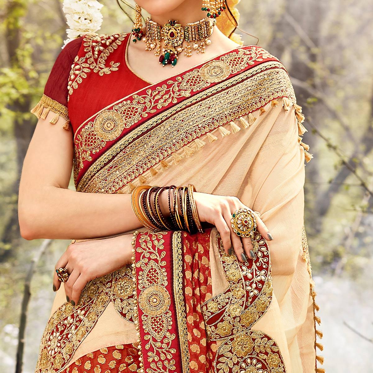 Exclusive Beige Colored Party Wear Embroidered Georgette Saree