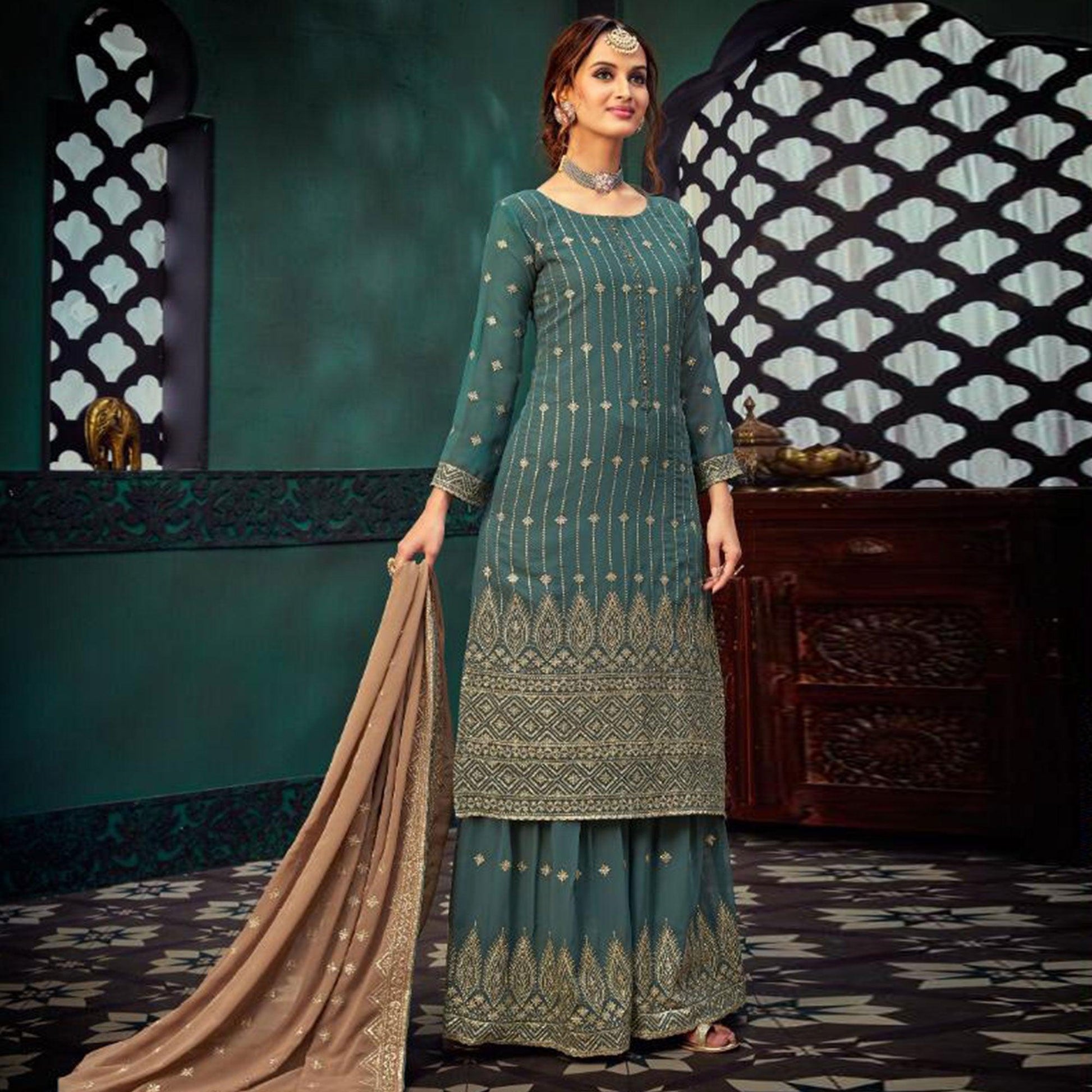 Exclusive Blue Colored Embroidered Partywear Pure Georgette Palazzo Suit