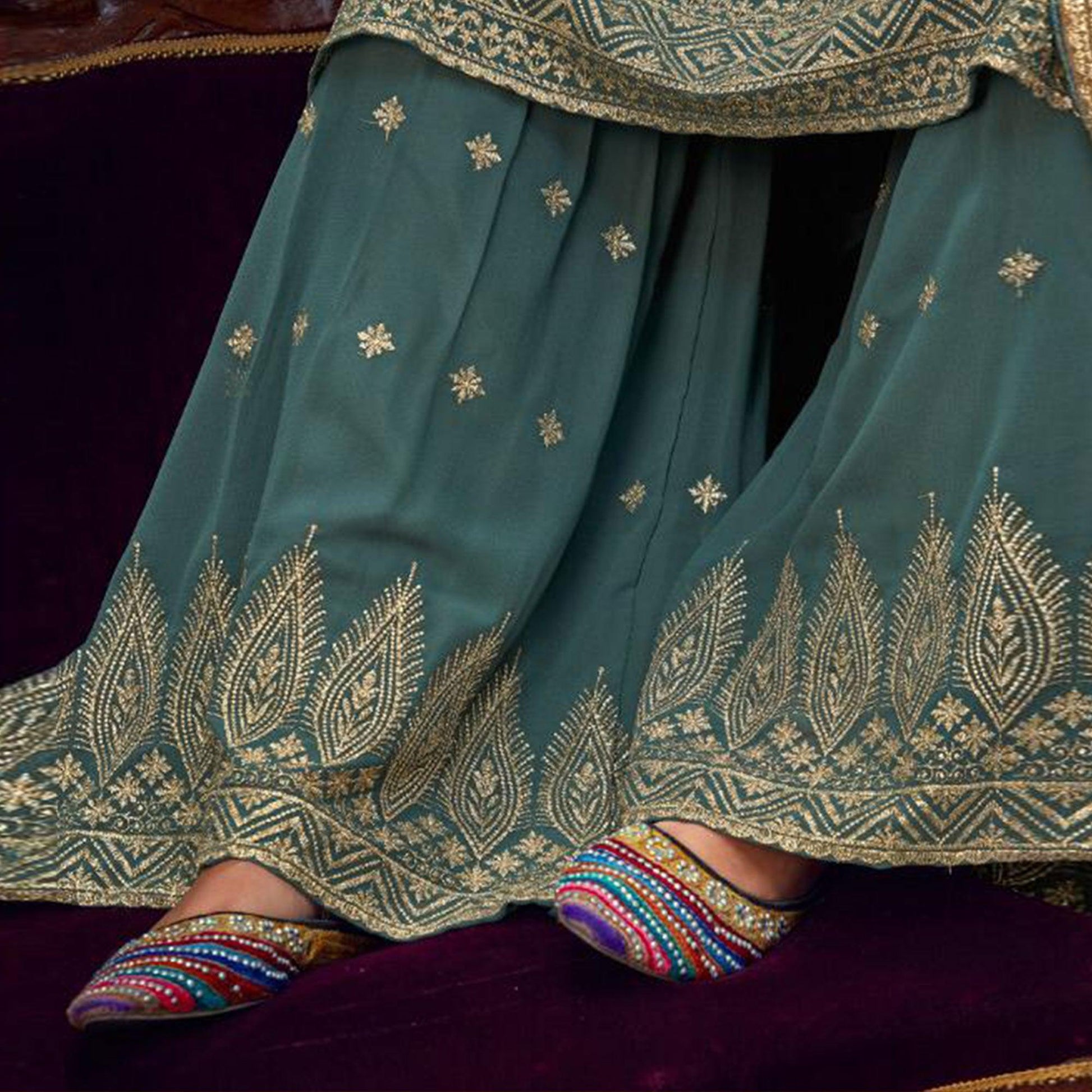Exclusive Blue Colored Embroidered Partywear Pure Georgette Palazzo Suit