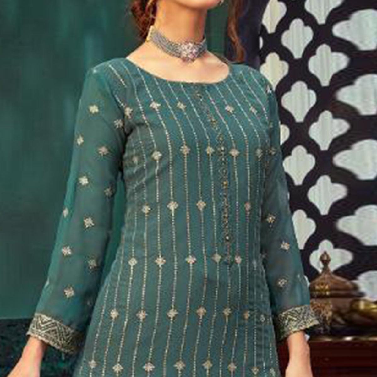 Exclusive Blue Colored Embroidered Partywear Pure Georgette Palazzo Suit