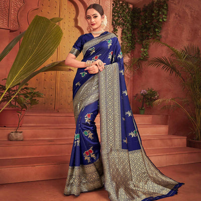 Exclusive Blue Colored Festive Wear Woven Designer Silk Saree