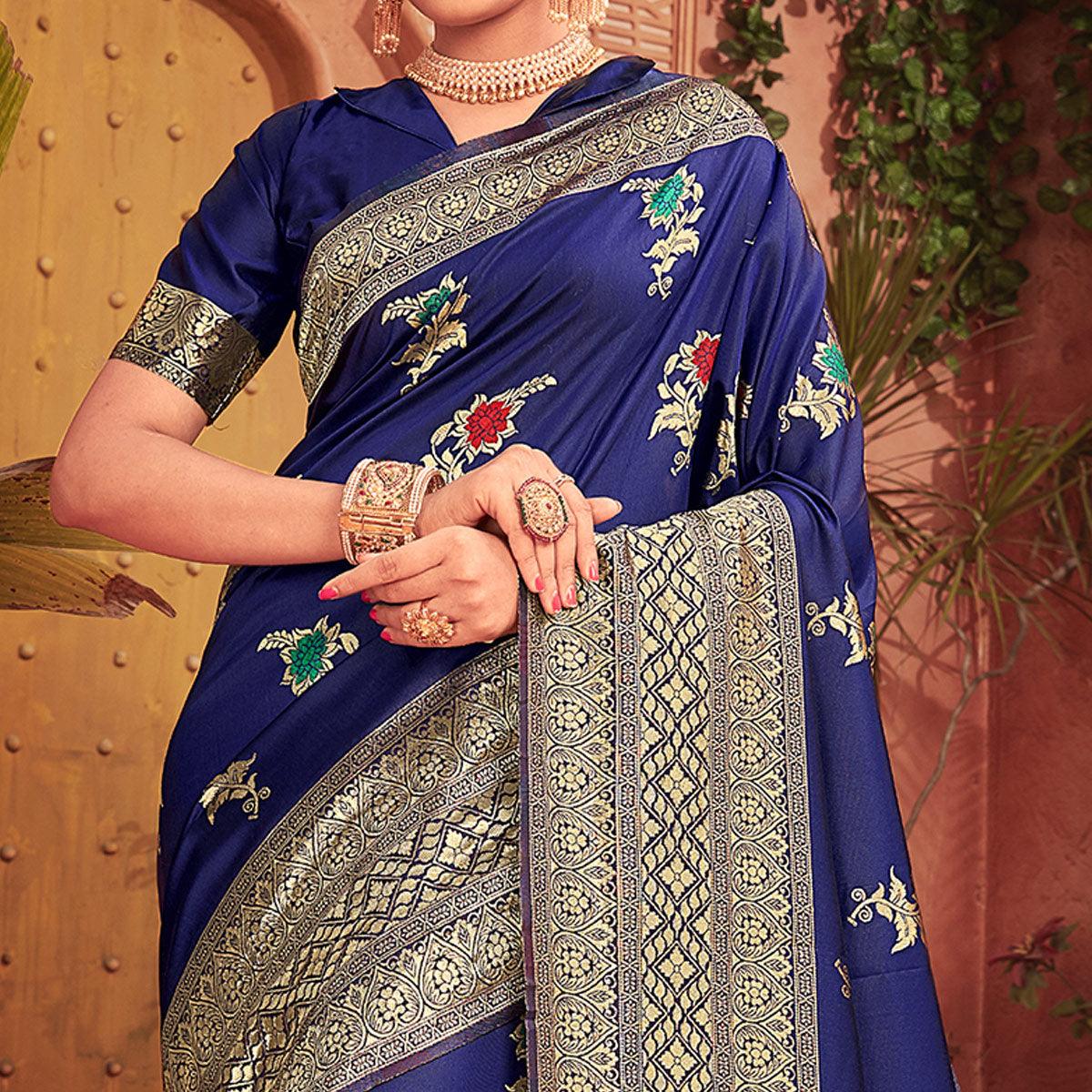 Exclusive Blue Colored Festive Wear Woven Designer Silk Saree
