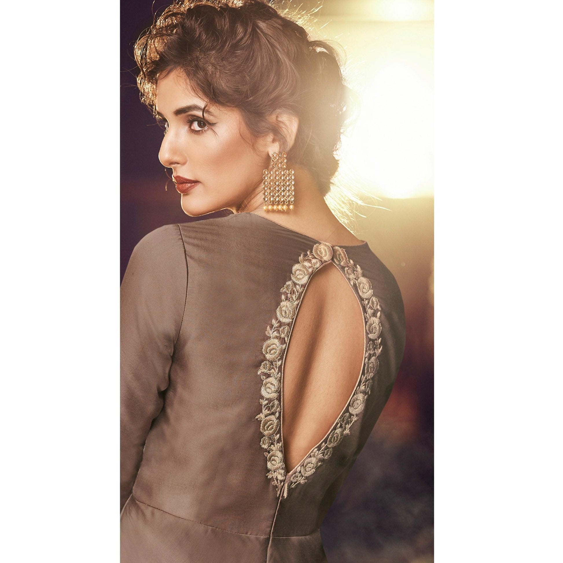 Exclusive Brown Colored Partywear Embroidered Modal Satin Gown With Dupatta