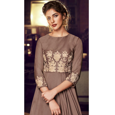 Exclusive Brown Colored Partywear Embroidered Modal Satin Gown With Dupatta